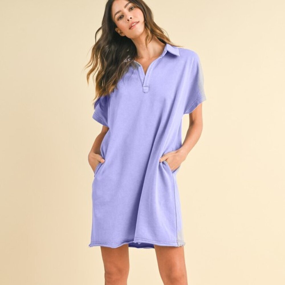 Purple Mineral Washed Johnny Collar Short Sleeve Dress